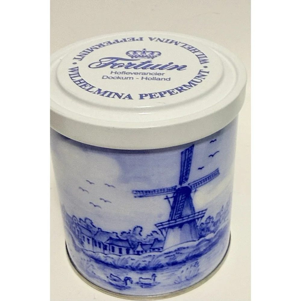 Vintage Fortuin Wilhelmina Pepermunt Tin Delft Blue Style Windmill Dutch 4.5